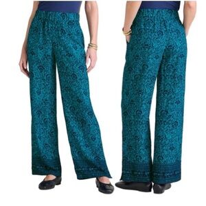 Soft Surroundings Oceo Gauze Wide-Leg Pants In Ink Tapestry Teal Size S
